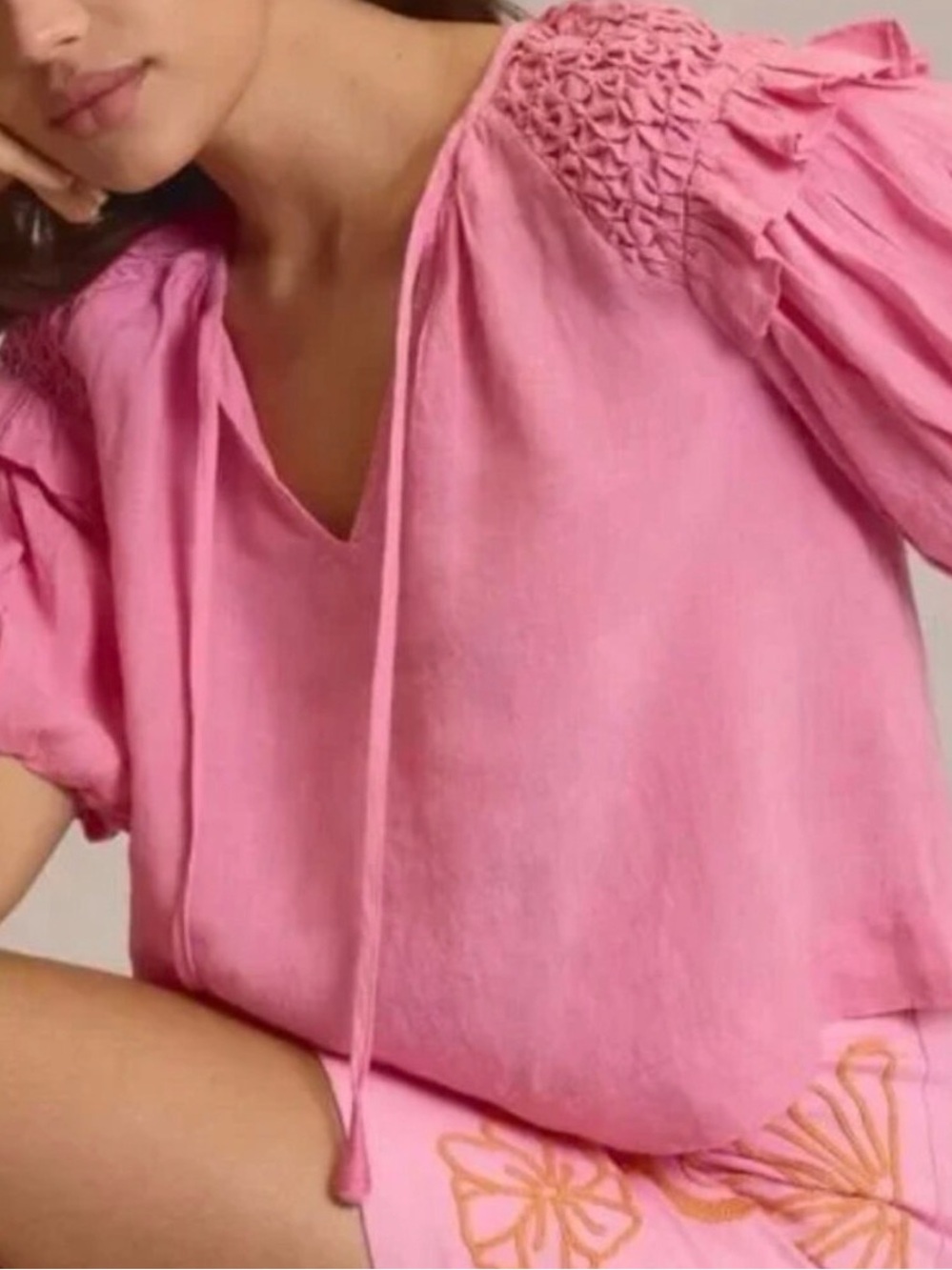 Anthropologie Self Contrast Pink Smocked 100% Linen Blouse Size XS